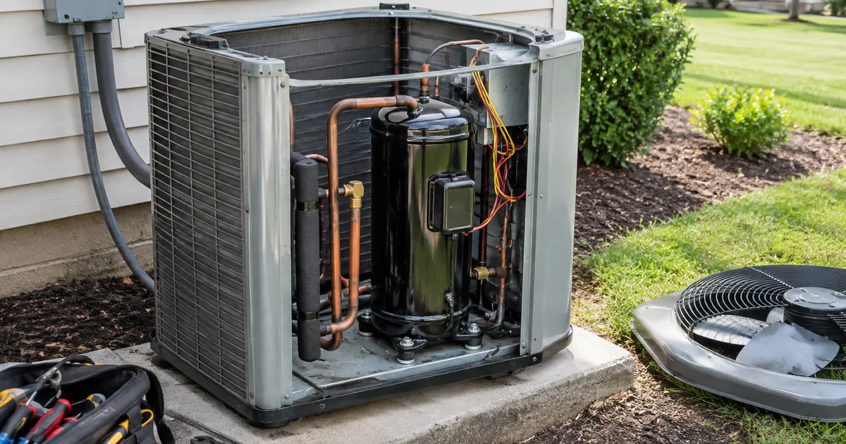 Ac compressor replacement cost: an open outdoor central air conditioner condenser unit with the top fan removed, showing