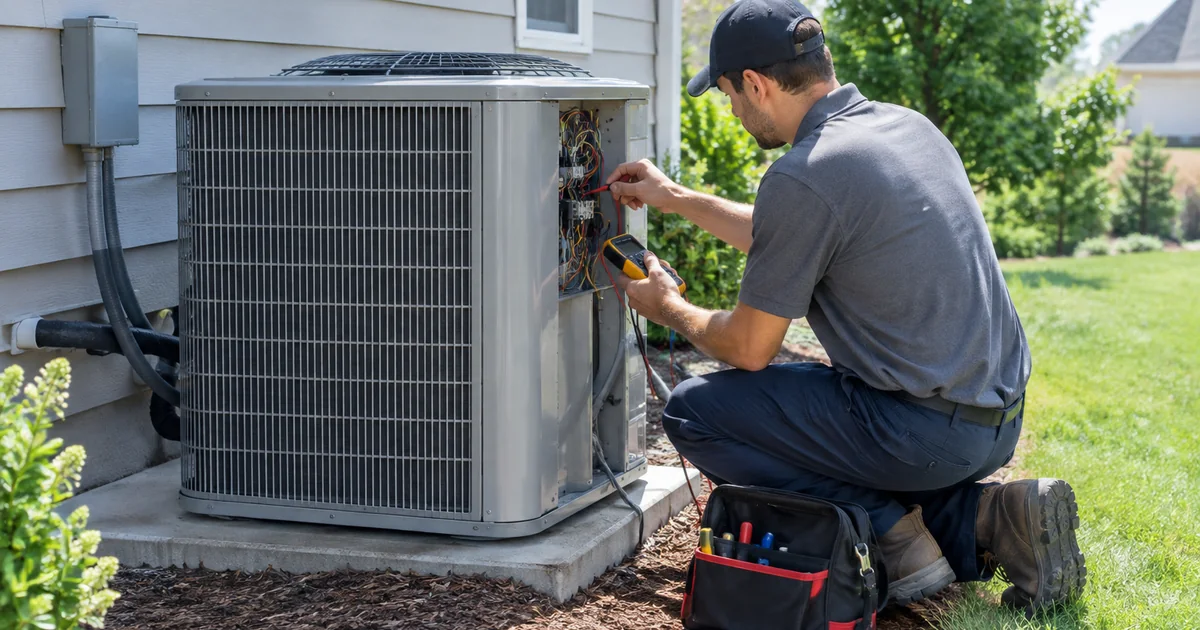 Ac repair cost: an HVAC technician kneeling beside an outdoor central air conditioner condenser with the service panel
