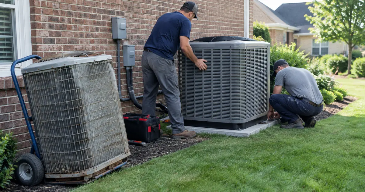 Ac replacement cost: HVAC technicians replacing an old outdoor central air conditioner with a new condenser unit next to