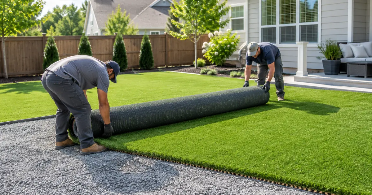 Artificial turf installation cost: a landscaping crew rolling out fresh artificial turf over a compacted gravel base in a