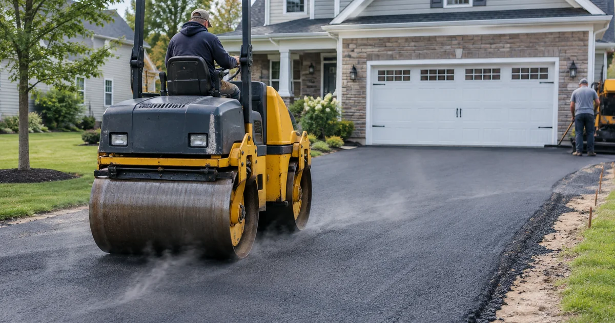 Asphalt driveway cost: a paving crew with a steel roller compacting fresh black asphalt on a residential driveway, steam
