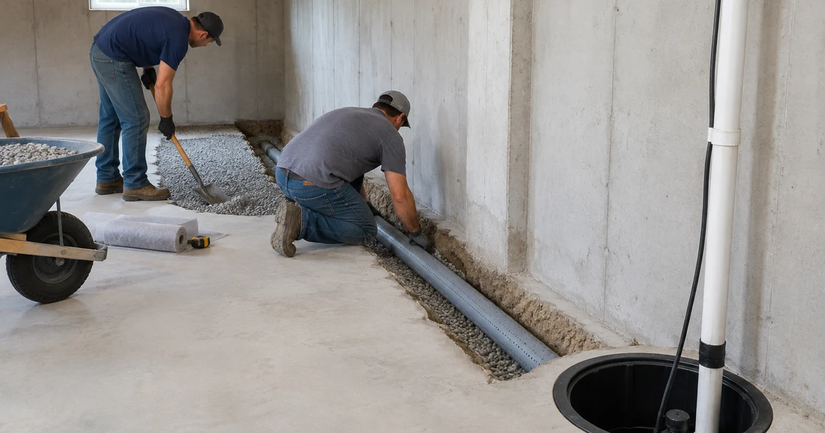 Basement waterproofing cost: a waterproofing crew installing a perforated interior drain pipe in a trench along the edge