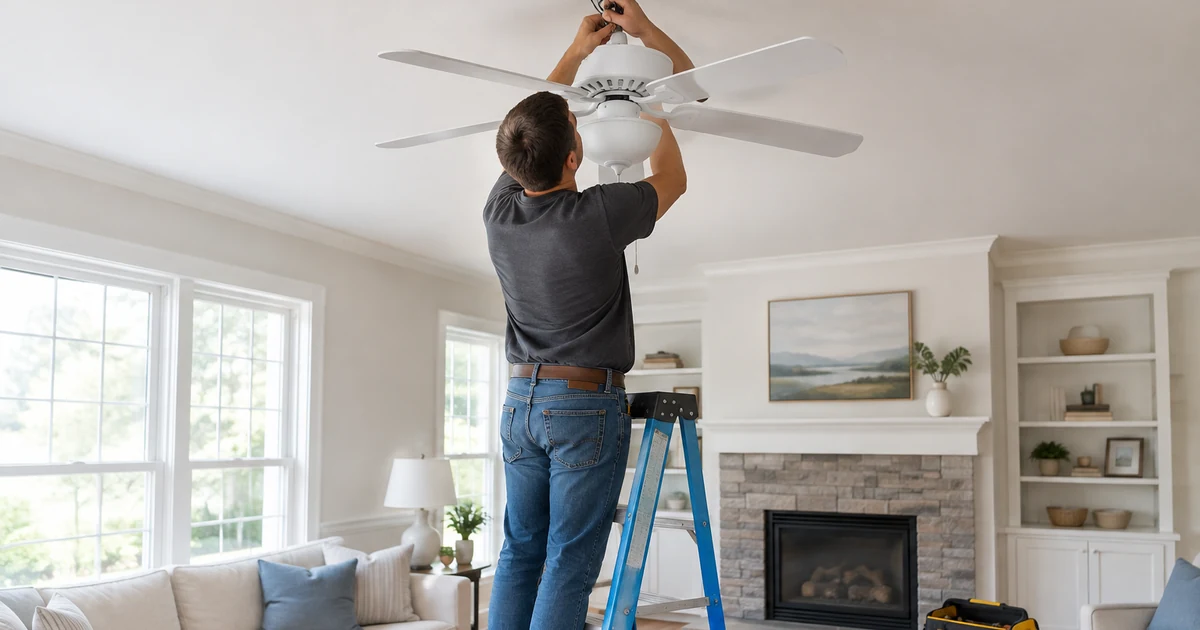 Ceiling fan installation cost: an electrician on a ladder mounting a new white ceiling fan to a ceiling box in a bright