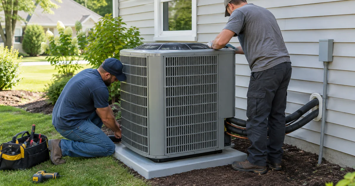 Cost to install central air: two HVAC installers setting a new central air conditioner condenser on a pad beside a