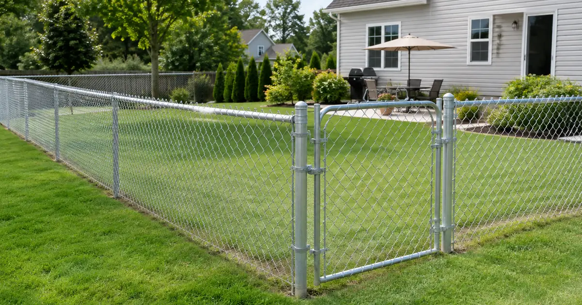 Chain link fence cost: a new four-foot galvanized chain link fence with a walk gate enclosing a grassy backyard
