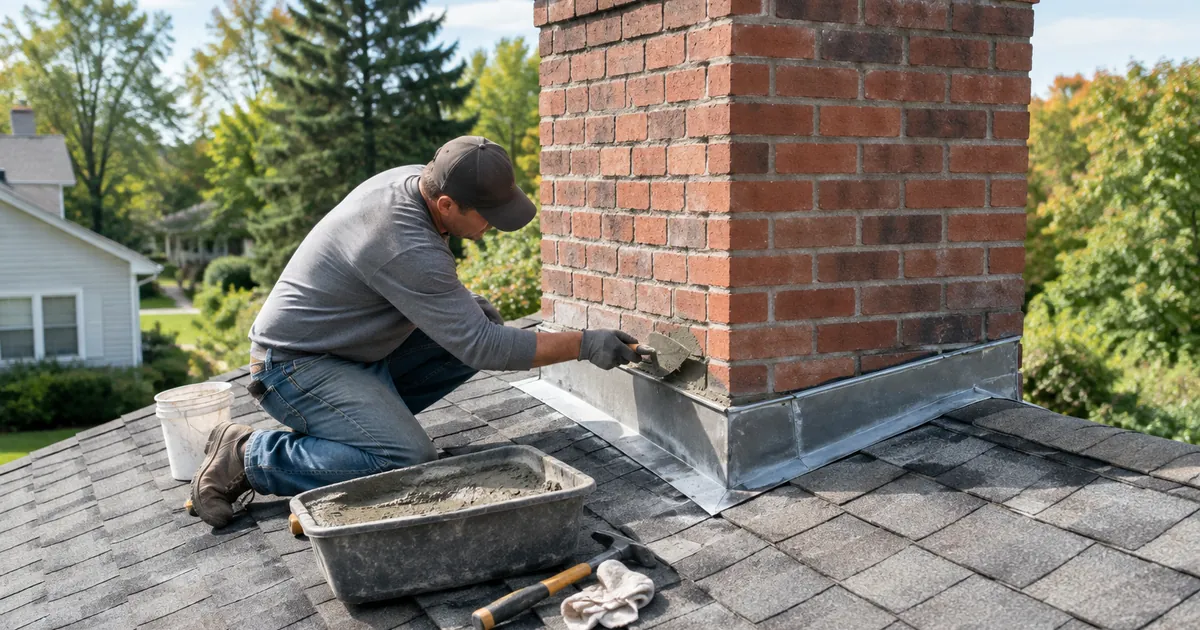 Chimney repair cost: a mason on a shingled roof repairing the mortar and metal flashing around a red brick chimney