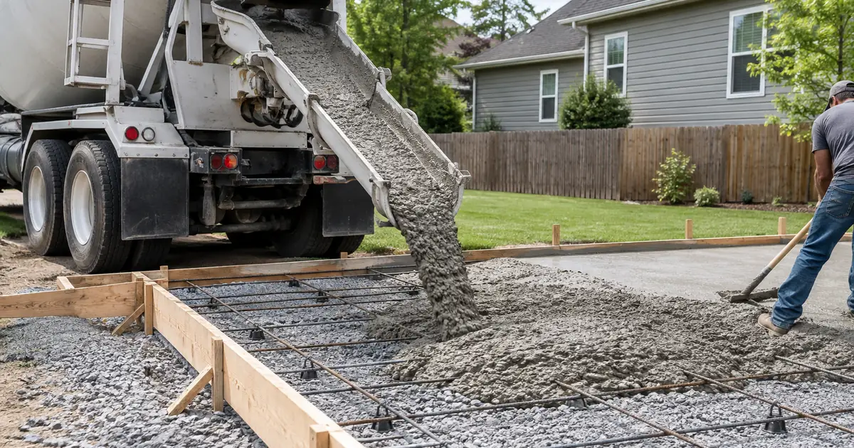 Concrete calculator: a concrete mixer truck chute pouring fresh concrete into wooden forms over a gravel base and rebar