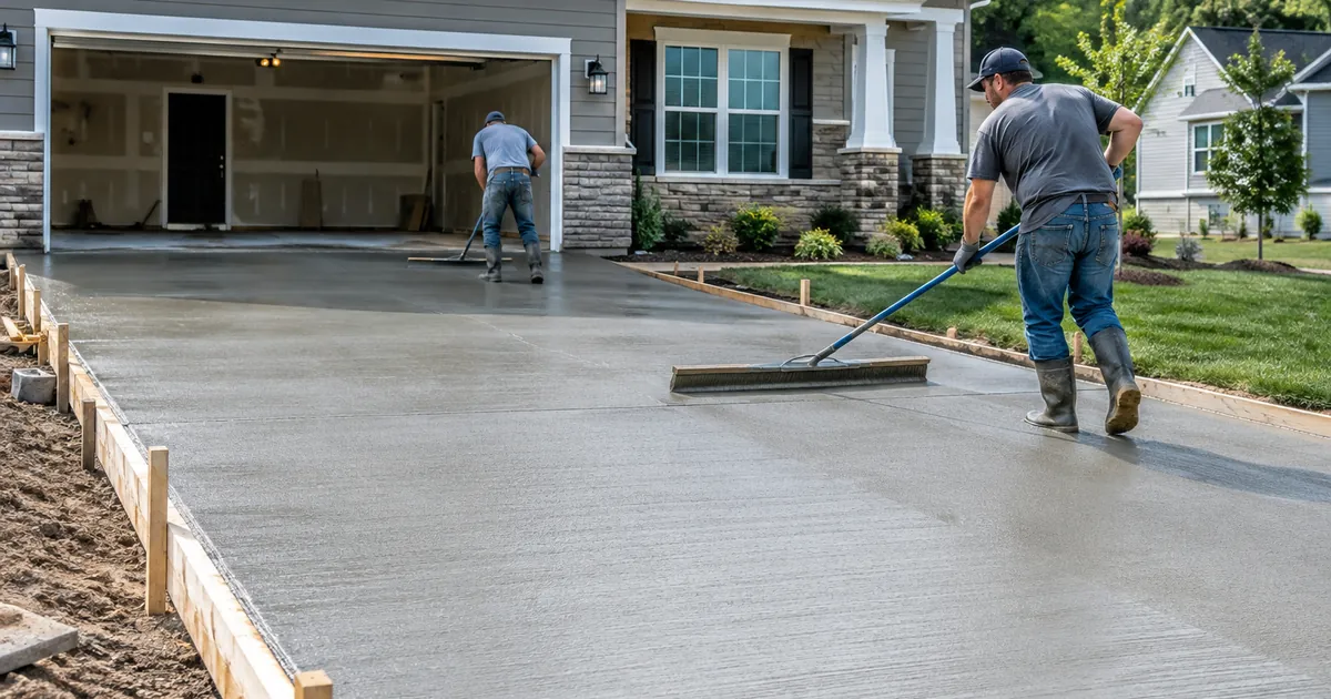 Concrete driveway cost: a concrete crew finishing a freshly poured broom-textured concrete driveway in front of a