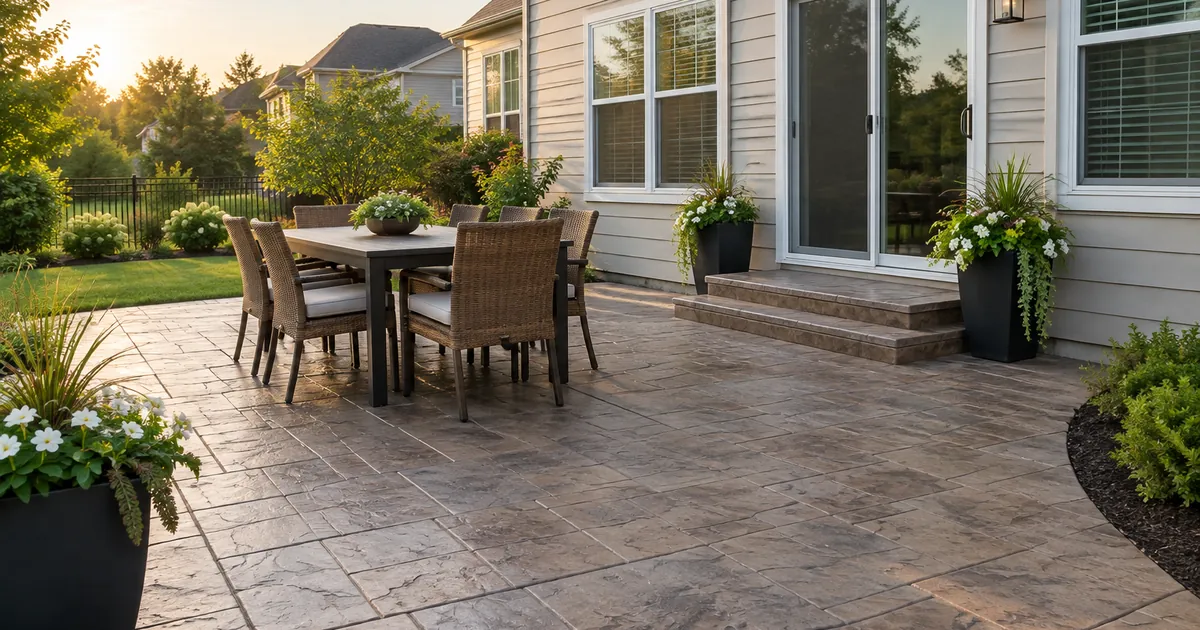 Concrete patio cost: a new stamped concrete patio with a slate pattern behind a suburban home, outdoor dining table and