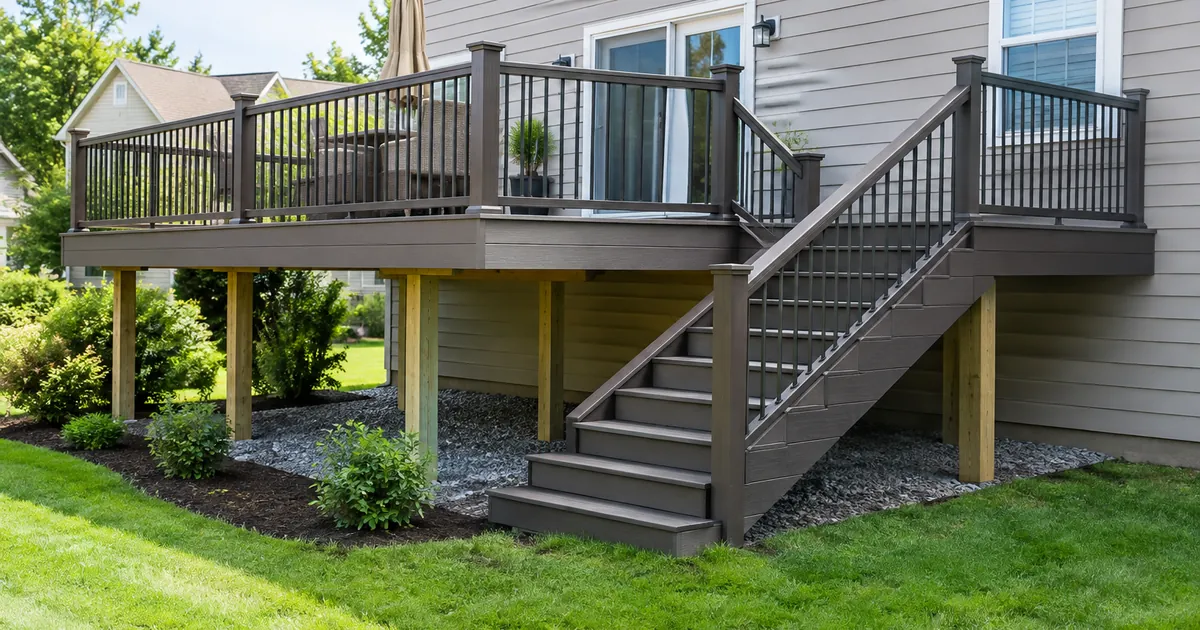 Cost to build a deck: a newly built raised composite deck with railings and stairs attached to the back of a suburban house