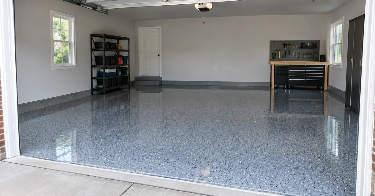 Epoxy garage floor cost: a clean two-car garage with a freshly installed gray and black flake epoxy floor with a glossy