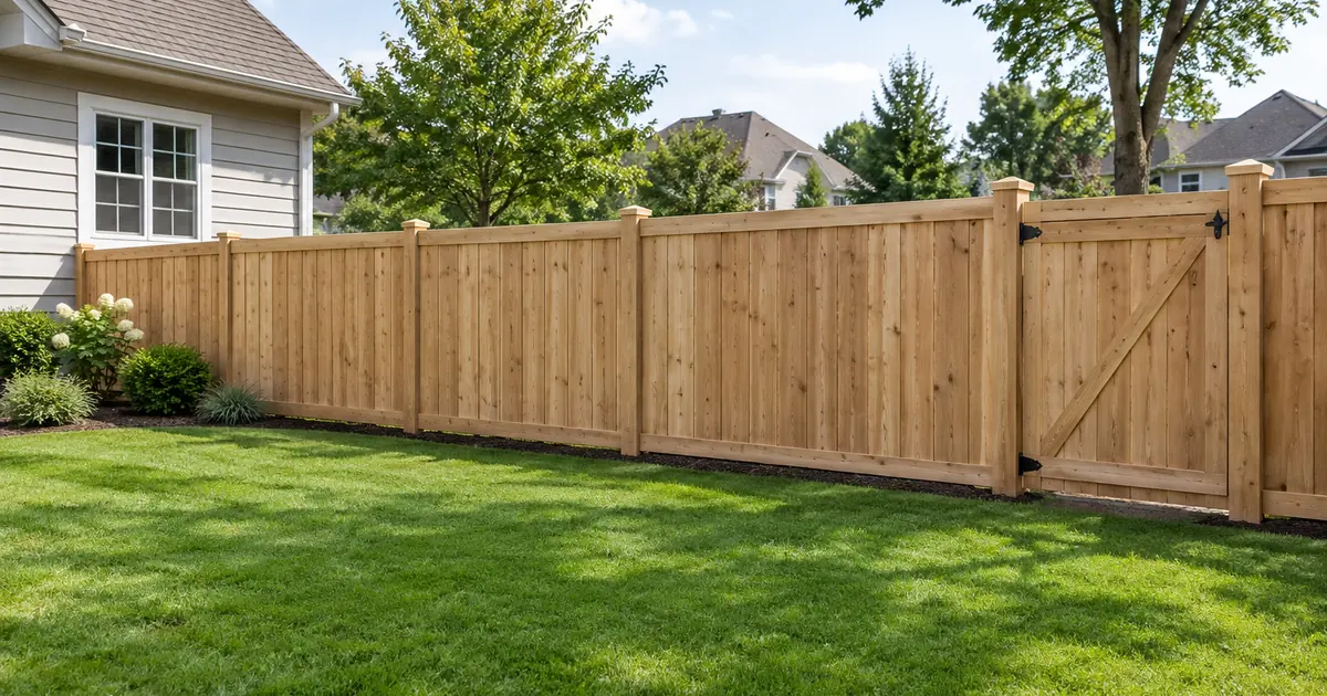Fence installation cost: a newly built six-foot wooden privacy fence with a walk gate along a suburban backyard lawn
