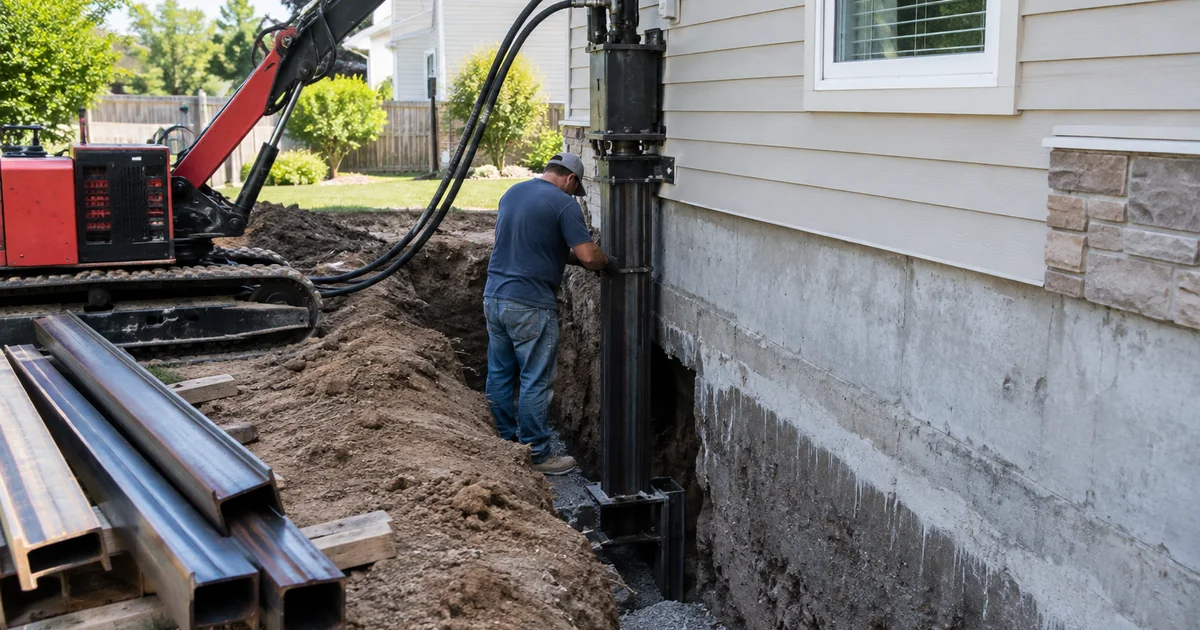 Foundation repair cost: a foundation repair crew installing a steel pier beside the concrete footing of a suburban house,