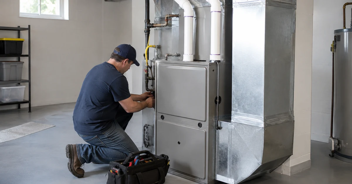 Furnace replacement cost: an HVAC technician installing a new gas furnace with PVC vent pipes in a clean basement utility