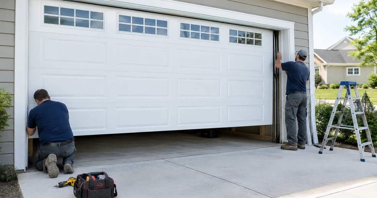 Garage door replacement cost: two technicians installing a new white insulated steel double garage door on a suburban