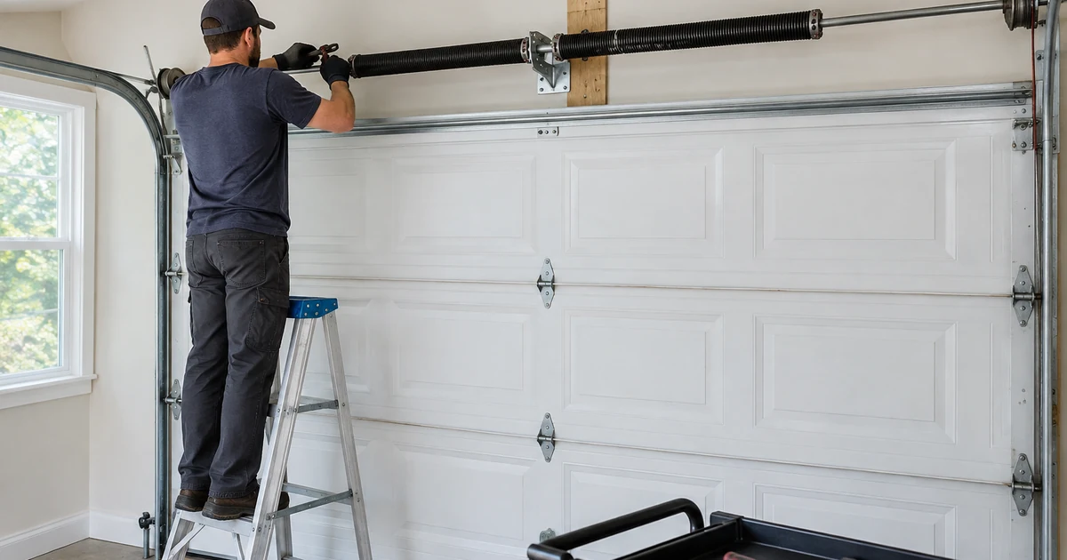 Garage door spring replacement cost: a garage door technician replacing a torsion spring on the bar above a white