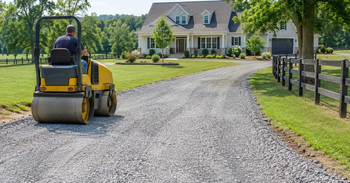 Gravel driveway cost: a newly built crushed stone gravel driveway curving through a green rural property toward a