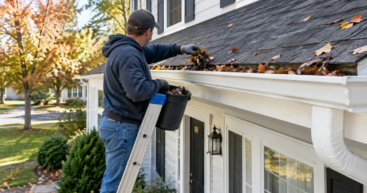 Gutter cleaning cost: a worker on a ladder scooping wet leaves out of a white aluminum gutter on a two-story house in autumn