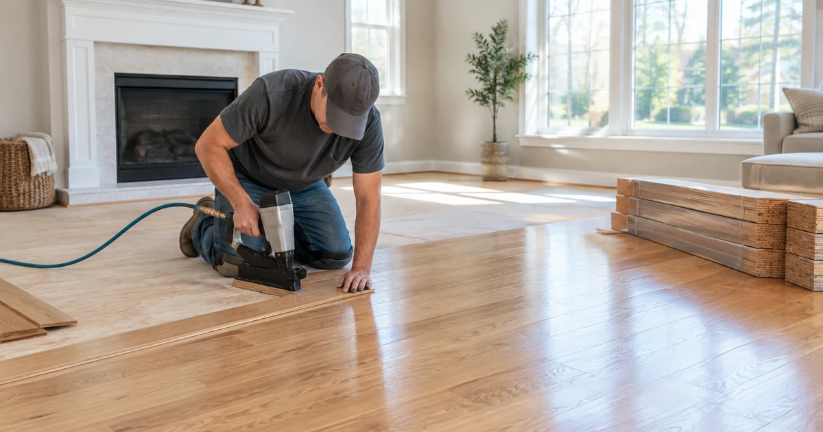 Hardwood floor installation cost: a flooring installer nailing down prefinished oak hardwood boards in a sunlit living