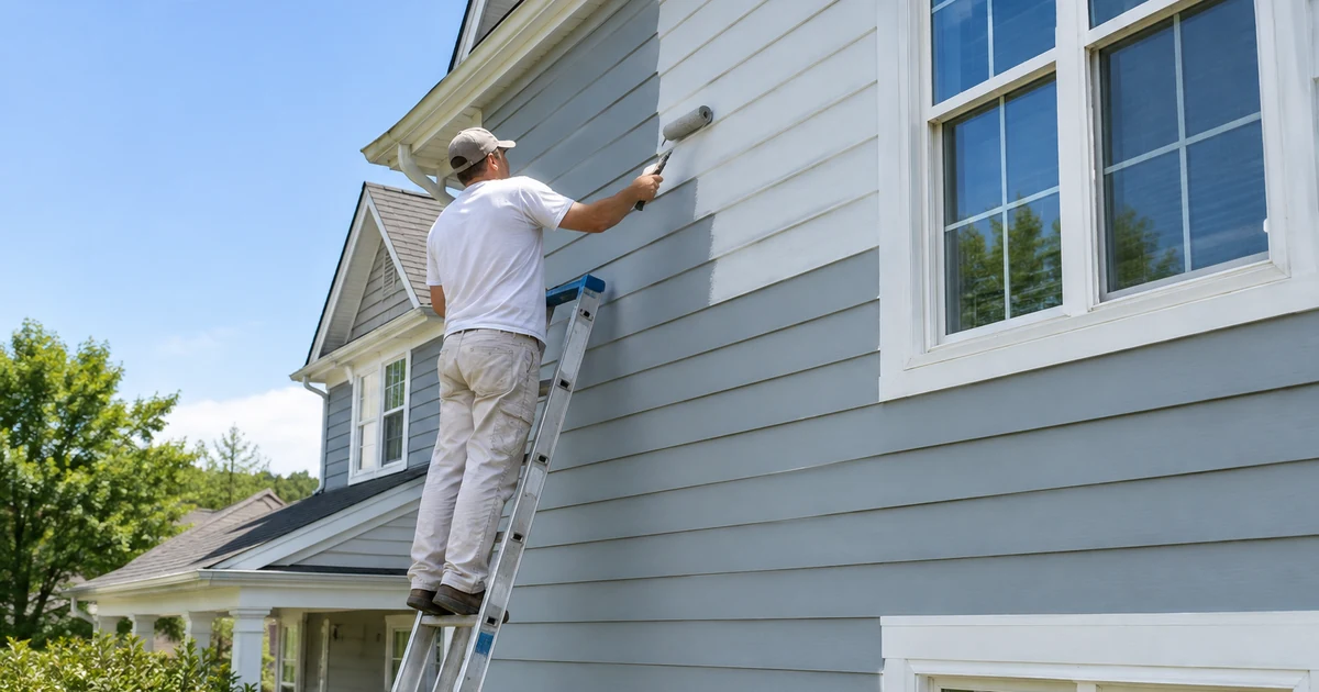 House painting cost: a painter on a ladder rolling fresh paint onto the lap siding of a two-story suburban house on a