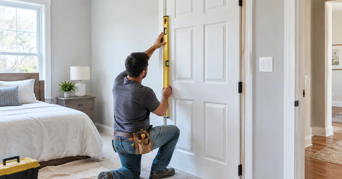 Interior door installation cost: a carpenter leveling a new white six-panel prehung interior door in a bedroom doorway