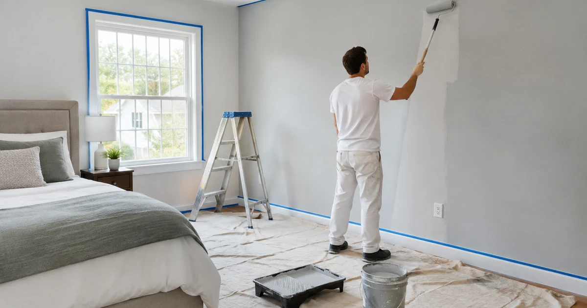 Interior painting cost: a painter rolling light gray paint onto a bedroom wall with drop cloths covering the hardwood