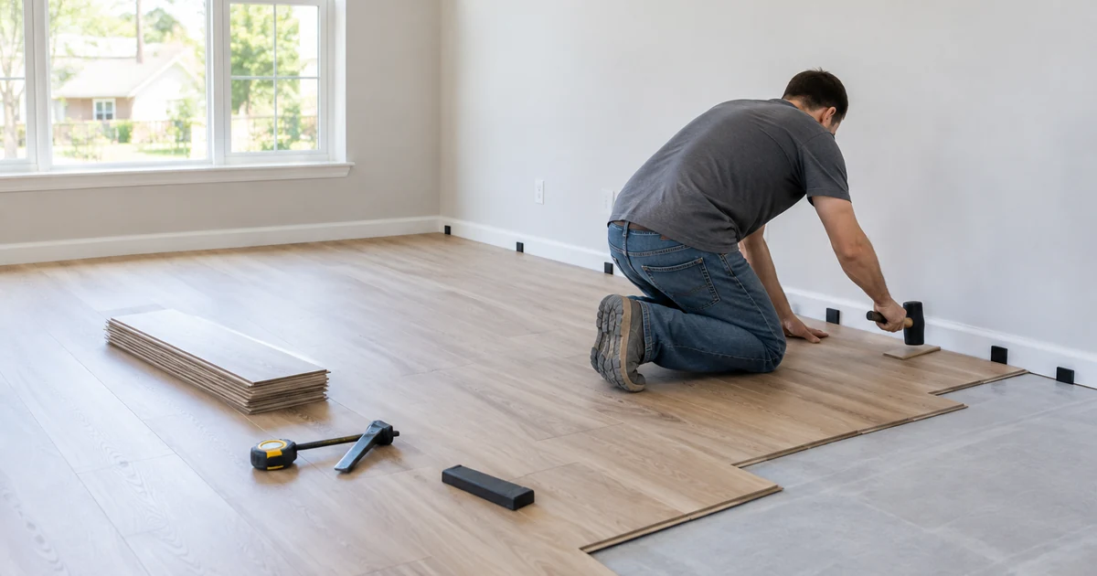 Laminate flooring installation cost: a flooring installer tapping light oak laminate planks into place in a bright empty