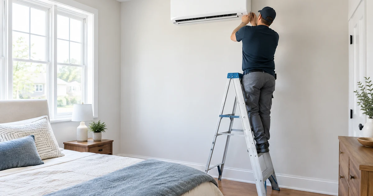 Mini split installation cost: a white wall-mounted ductless mini split indoor unit installed high on the wall of a bright