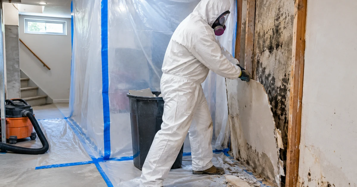 Mold removal cost: a remediation technician in protective suit and respirator removing moldy drywall inside a plastic