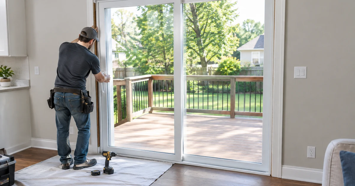 Patio door replacement cost: an installer fitting a new white vinyl two-panel sliding glass patio door opening onto a
