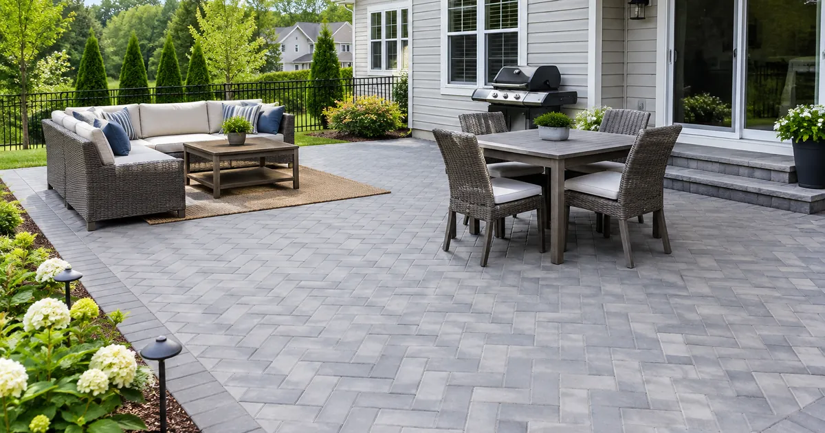 Paver patio cost: a newly installed gray concrete paver patio in a herringbone pattern behind a house with outdoor furniture