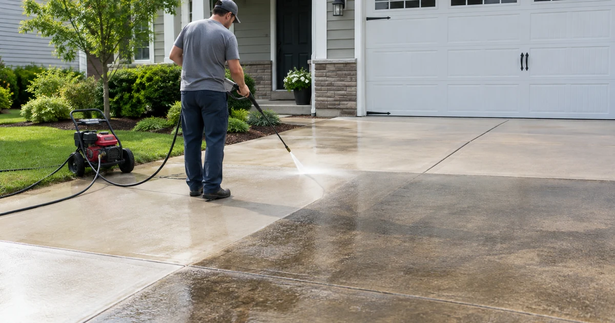 Pressure washing cost: a worker pressure washing a dirty concrete driveway in front of a suburban house, showing a clean