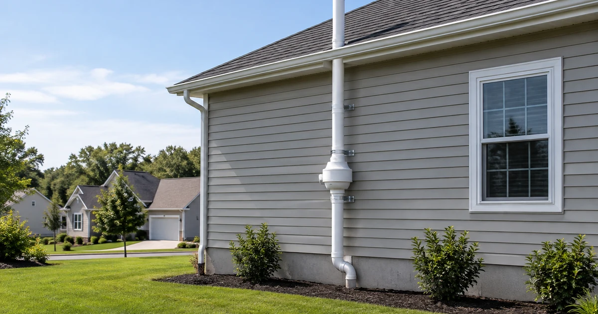 Radon mitigation cost: a white PVC radon vent pipe with an inline fan running up the exterior wall of a suburban house to