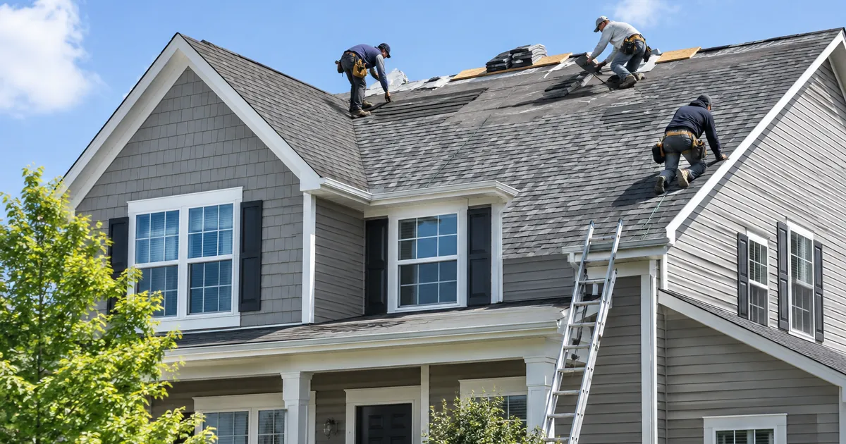 Roof replacement cost: a roofing crew installing new gray architectural asphalt shingles on a suburban two-story house on