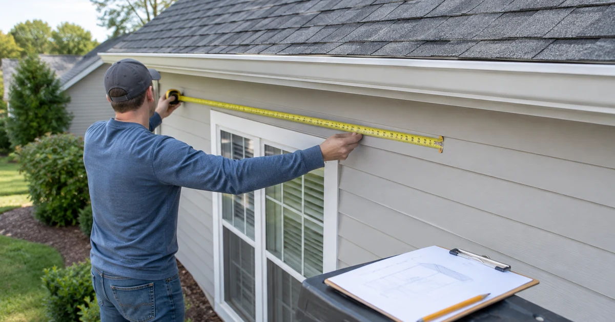Roofing calculator: a homeowner measuring the length of a house exterior wall with a tape measure beside a sloped shingle