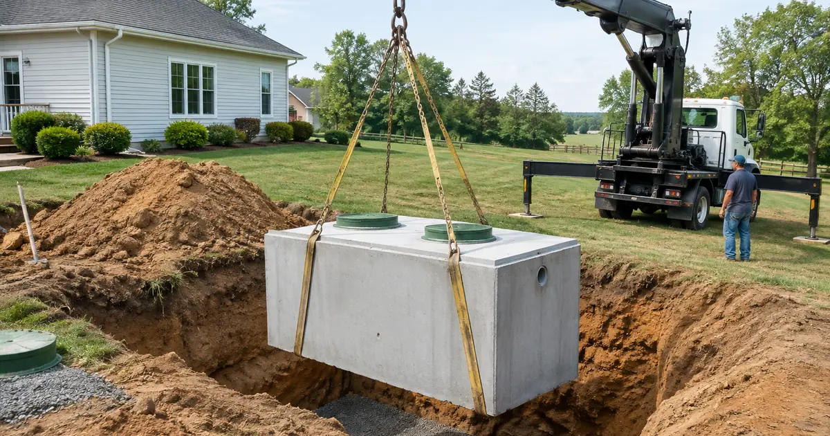 Septic tank replacement cost: a new precast concrete septic tank being lowered into an excavated hole in a rural backyard
