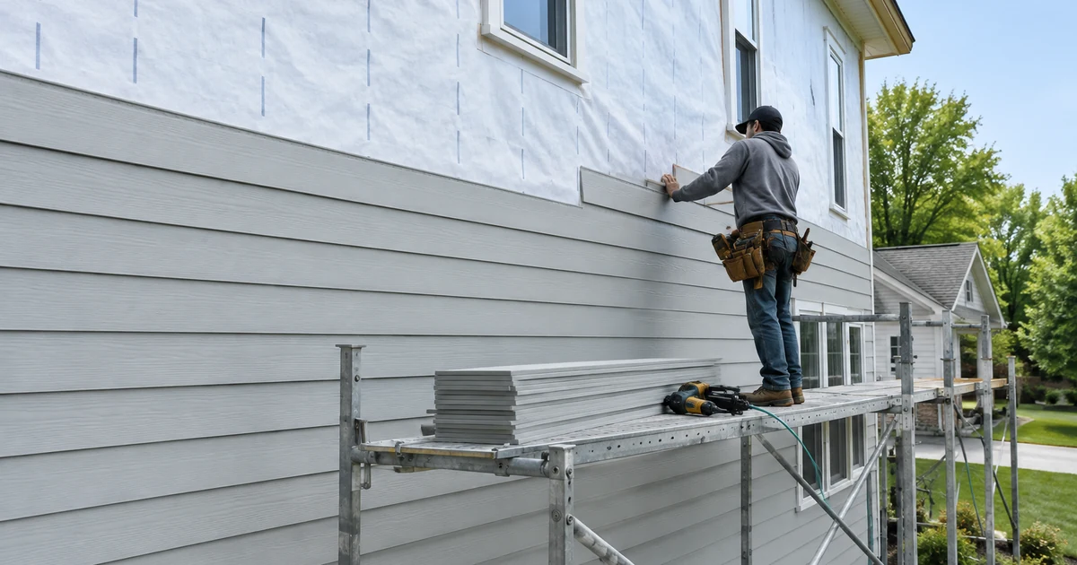 Siding installation cost: a contractor installing light gray lap siding boards on a two-story house wall from