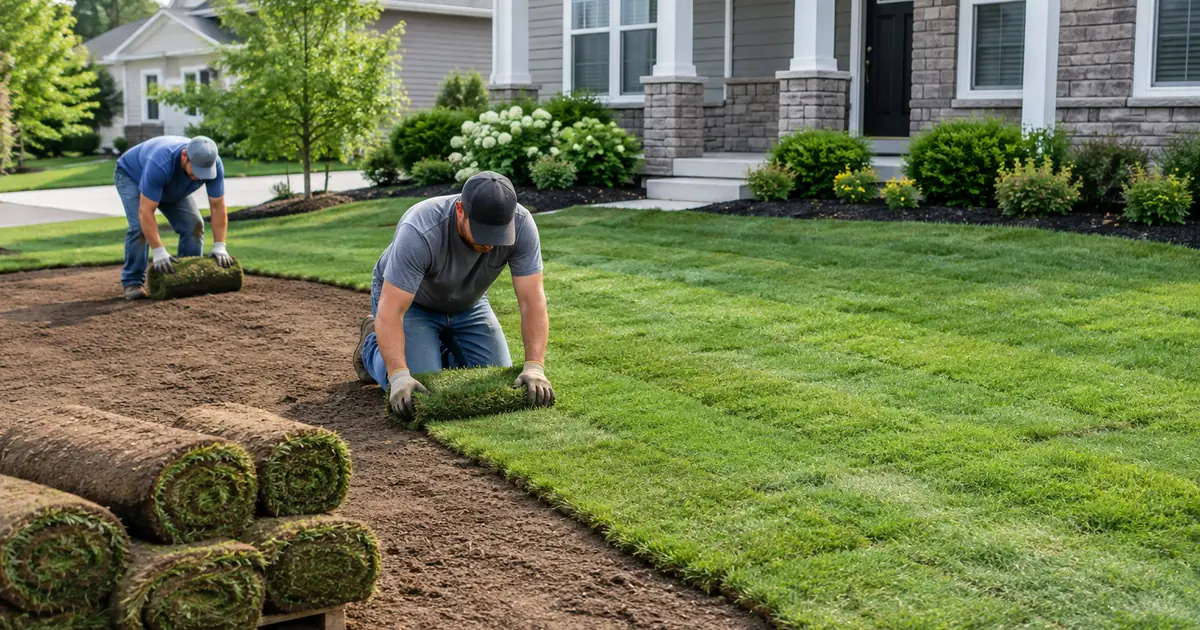 Sod installation cost: landscapers laying fresh rolls of green sod in neat staggered rows on a prepared soil bed in a