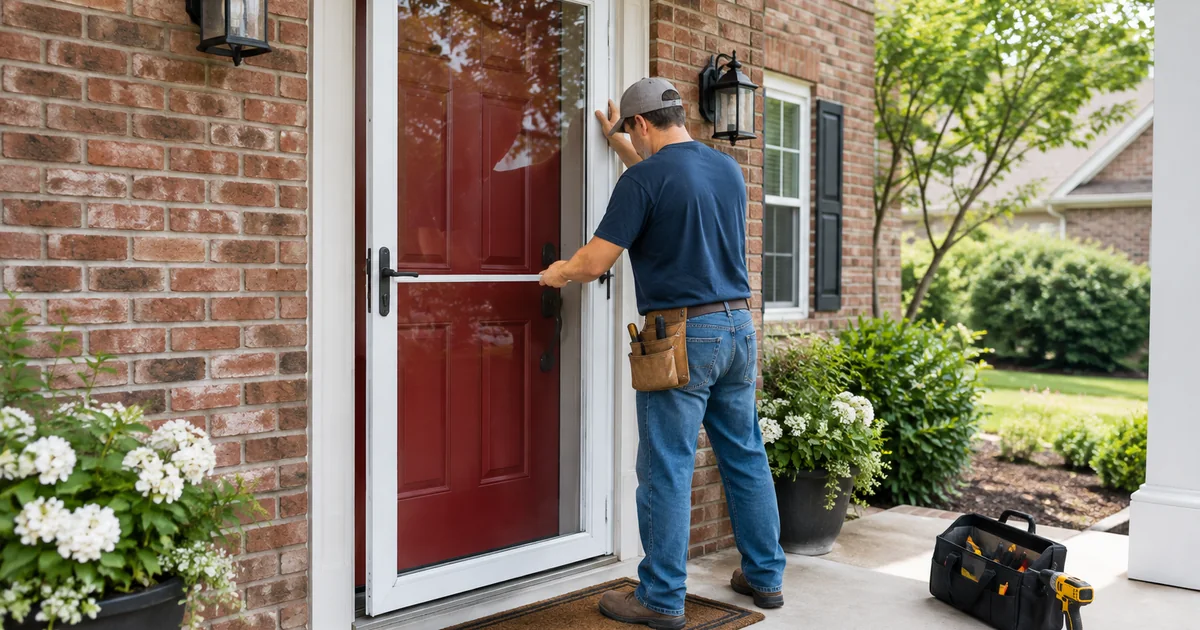 Storm door installation cost: a handyman installing a new full-view white aluminum storm door in front of a red front